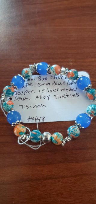 Bracelet #448 Blue chalcedony alloy turtles