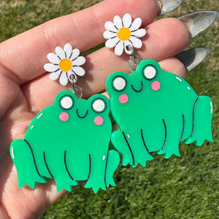 Bright Green Frog w/ Flower Earrings MTS