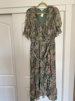 XL - Green and Floral Chiffon Long Dress - RSV|83219
