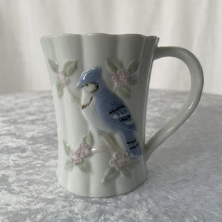 small vintage white ceramic coffee mug w/ blue jay RSV