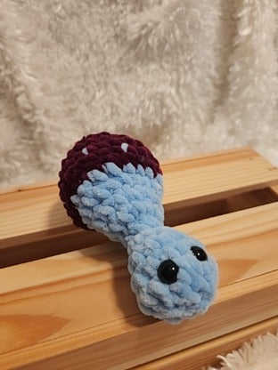 Mushroom Fidget Popper: Crocheted wine red/ light blue