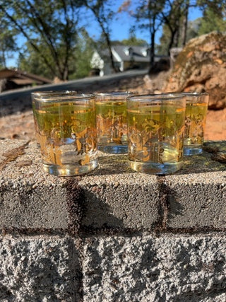 SET OF 5 Mid Century Neiman Marcus Barware Green & Gold Leaf Cocktail Rocks Glasses