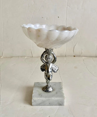 Vintage Cast Metal Cherub Angel Glass Dish Bowl Onyx Base Victorian Shabby Chic #62 VV MTS|97510