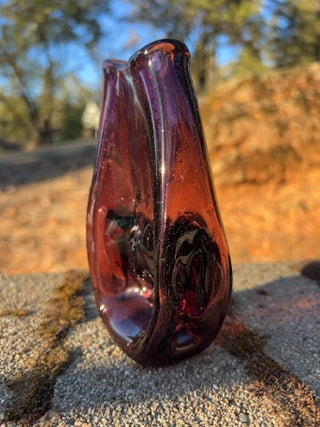 JP 5.75” vintage mid-century modern hand-blown amethyst purple art glass pinched double-spill vase