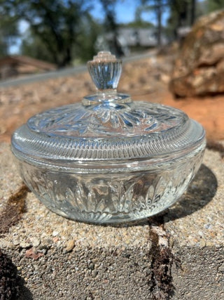 JP vintage Avon clear pressed glass lidded candy dish