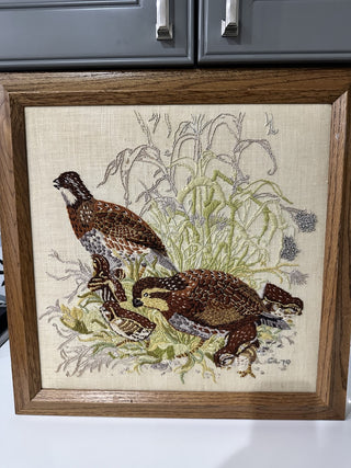 Framed Crewel Embroidery Bob White Quail 1979 MTS|116073
