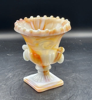 Vintage Vogue Merc. Co Akro Agate Orange white Slag Glass Toothpick Holder Urn #62 VV MTS