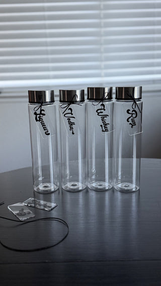 Set of 4 light-weight plastic bottles with liquor tags