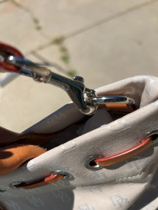 Vintage Y2K Dooney & Bourke logo monogram tote crossbody satchel bag in beige canvas brown leather trim