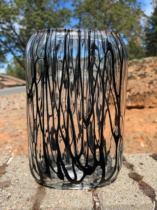 KW Modernist Oval Handblown Vintage Murano Style Black & Clear Expressionistic 11 1/2" Vase