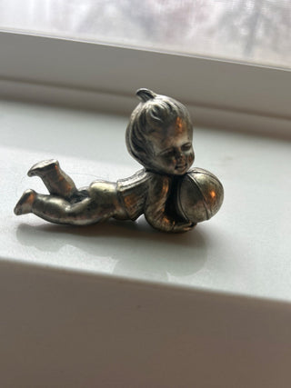 Vintage Pewter Child w Basketball figurine, 2,5"-RSV