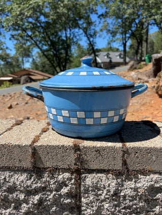 enamel-on-steel stock pot with a lid