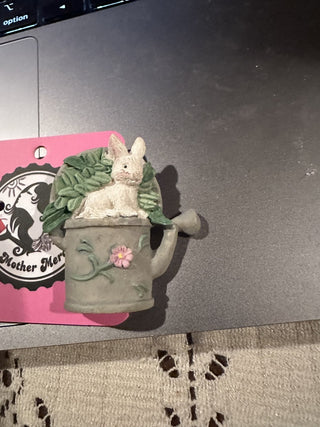 Easter Bunny Rabbit in Watering can brooch Vtg #62 VV MTS