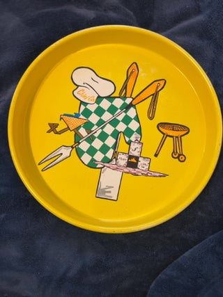 JP Vintage 1960's Mid-Century Modern Tin BBQ Grill Cocktail Decorative Round Tray 13"