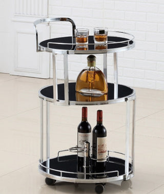 Mid-century modern  Rolling 3-Tier Round Bar Cart Chrome And Black With Wheel & Handle #47 VV MTS|112642