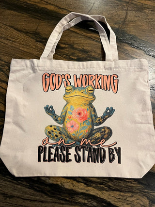 "God's Working On Me, Please Stand By" Large Zippered Canvas Tote RSV|84730