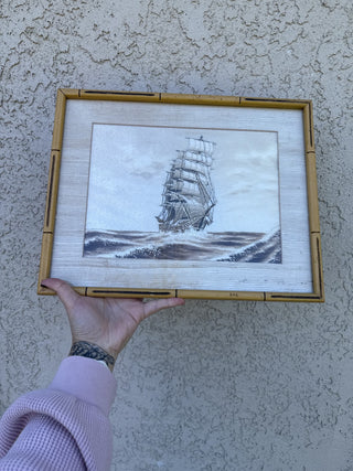 Vtg Hand Woven Silk Ship Sailing Bamboo Style Frame|56935