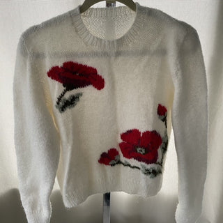 vintage handmade sweater, white w/ red flowers RSV