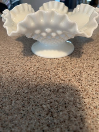 VTG Fenton hobnail milk glass footed bowl w/ ruffled edges