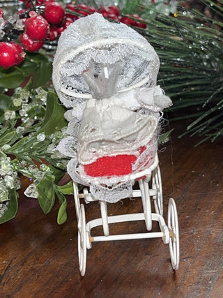 Vtg 3” Metal Stroller Buggy w/little mouse Christmas Ornament RSV|128189