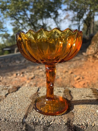 JP Vintage MCM 7" Indiana Amber Glass Lotus Blossom Pedestal Compote Candy Dish