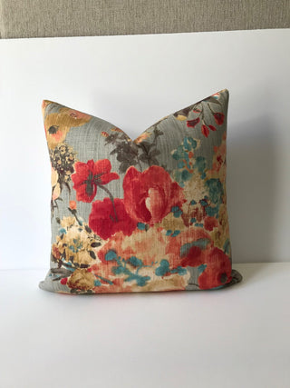 Handmade red and gray floral pillow cover