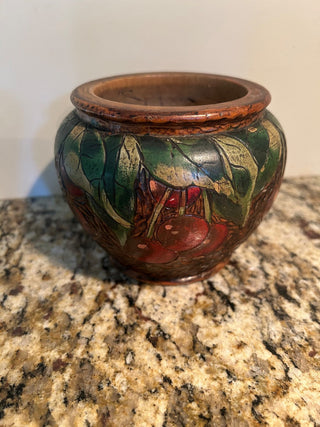 Wooden Vase/Pot with Carved Cherries   MTS