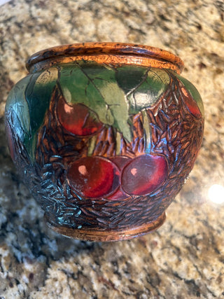 Wooden Vase/Pot with Carved Cherries   MTS