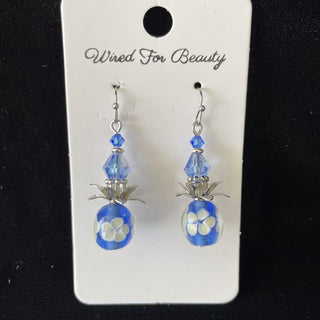 blue drop earrings w/ silver tone flower blossom RSV