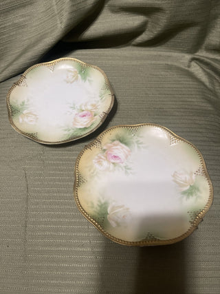 two green plates, pink flowers, gold trim rsv