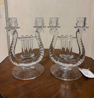 2pc Glass Duo Harp Candlesticks NM MTS