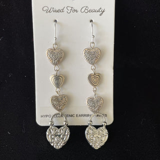silver tone heart dangle earrings, 2.5" long RSV