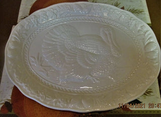 Vintage Signature Turkey Thanksgiving Platter White Japan 18" Ceramic Embossed #62 VV MTS|130679