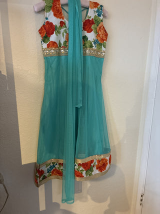 Handmade Floral Salwar Kameez Dress w/ Dupatta – Teal & Gold – Women’s US 6|163860