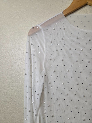 NEW! French Twist white mesh top with rhinestones & pearls - NWT RSV|158482