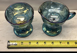 Vintage Indiana Harvest Grape Blue Purple Carnival Glass Cream Sugar Set