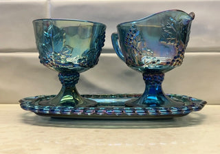 Vintage Indiana Harvest Grape Blue Purple Carnival Glass Cream Sugar Set