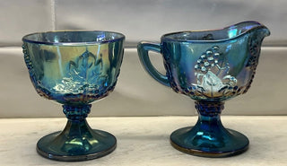 Vintage Indiana Harvest Grape Blue Purple Carnival Glass Cream Sugar Set