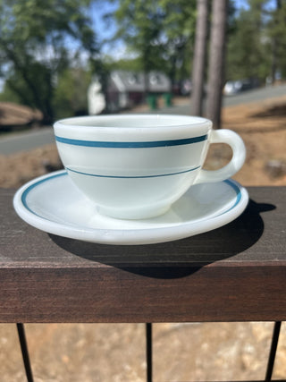 12F Vintage Pyrex Cup And Saucer Blue Band Stripe Milk Glads RSV|66881