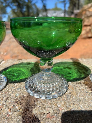 SET OF 3 Anchor Hocking Emerald Green Bubble Feet Champagne / Sherbet Glasses