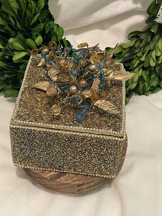 Pier 1 Gold/Teal Beaded Jewelry Box - RCD|101319
