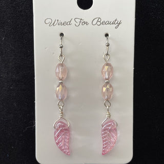 earrings, pink w/ drop leaf RSV