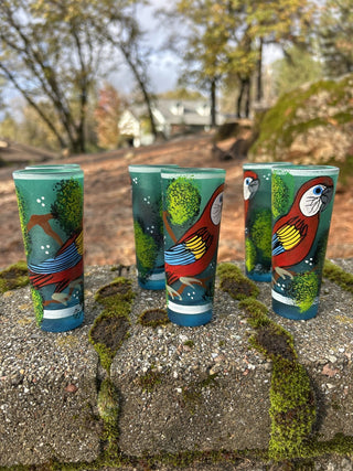 12F GCC JP VNTG Mexican TEQUILA DECANTER 6 Shot Parrot Glass Set Metal Rack Hand Painted MTS|133736