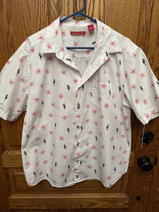 Vintage Havenera Men's White Hawaiian Shirt with Pink Flowers & Blue Hula Girls SIZE XL- RCD