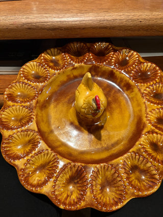 Vtg. Ceramic Deviled egg Dish by Calif. pottery, brn/gold, Chicken center 12"