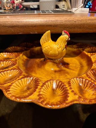 Vtg. Ceramic Deviled egg Dish by Calif. pottery, brn/gold, Chicken center 12"
