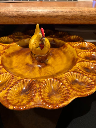 Vtg. Ceramic Deviled egg Dish by Calif. pottery, brn/gold, Chicken center 12"