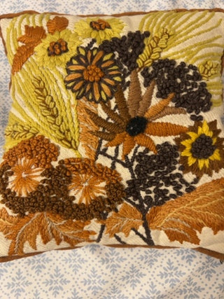 JP AS IS Vintage Erica Wilson Crewel Wheat & Flowers Completed  12” x 12” Pillow No. 7312 1973