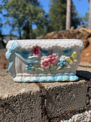 VINTAGE Relpo Blue Ribbon Floral CERAMIC PLANTER Nursery Decor