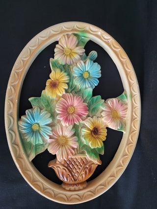 Vintage 11-1/2" Oval Chalk Ware Flowers Wall Plaque RCD|96429